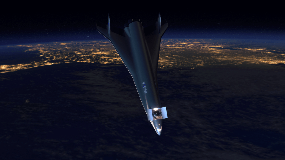 an artist 's impression of a space shuttle flying over the earth