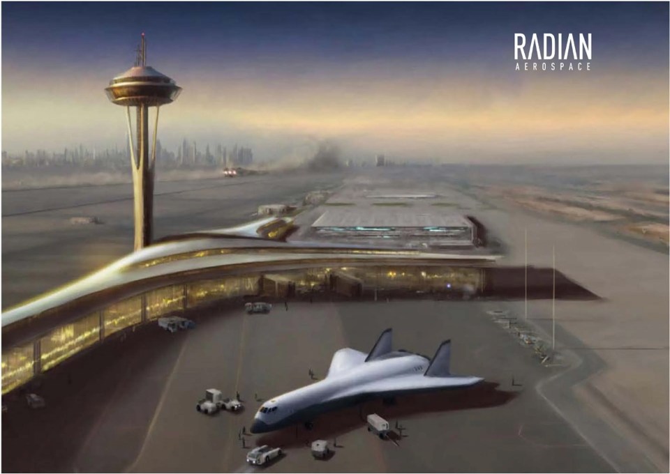 an advertisement for radian aerospace shows a futuristic airport