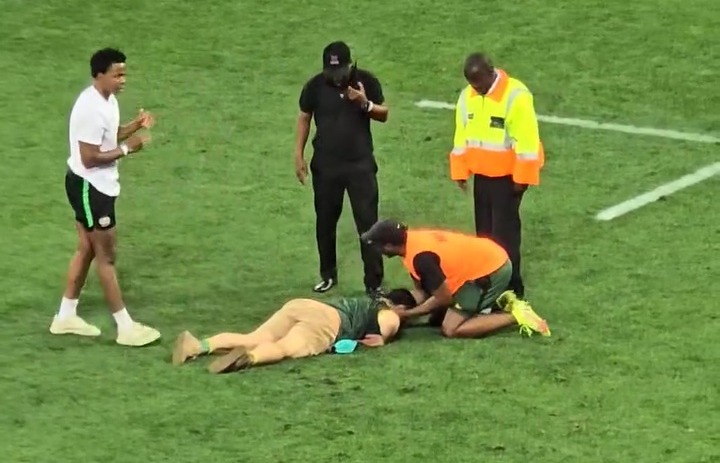 The pitch invader was left faceplanted into the turf