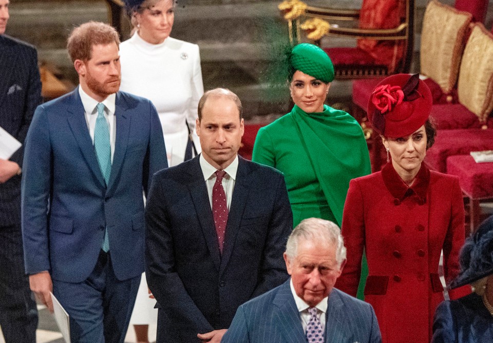 Harry, William, Meghan, Kate and Charles leaving the Commonwealth Service in 2020