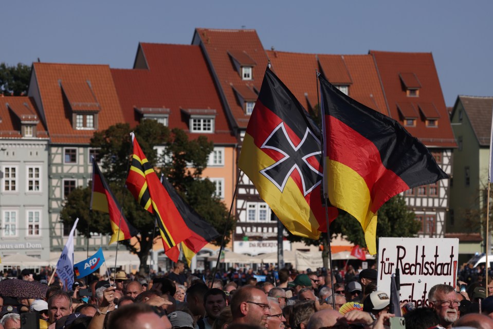 Far-right AfD supporters wave German flags, including one adorned with an Iron Cross