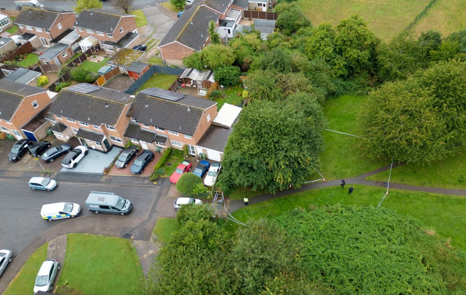 an aerial view of a residential area with a police van in the foreground