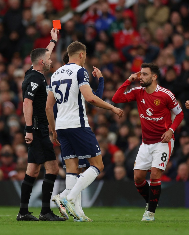 United captain Bruno Fernandes was sent off in the horror show