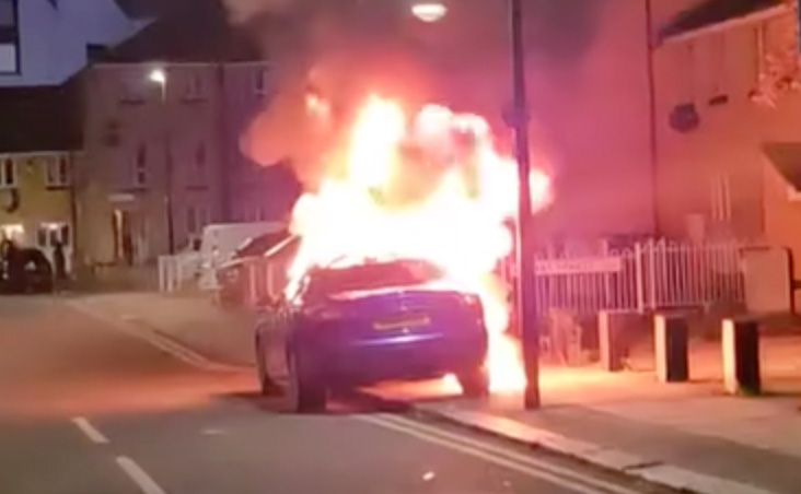 The 2014 plate Maserati was engulfed in flames yesterday evening