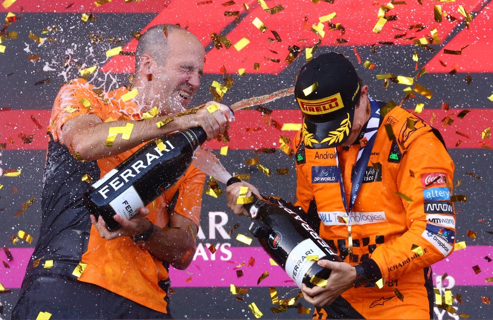 Carlos Sainz celebrates his stunning victory in Baku