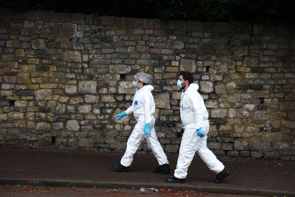 a man and a woman wearing protective suits walk down a sidewalk