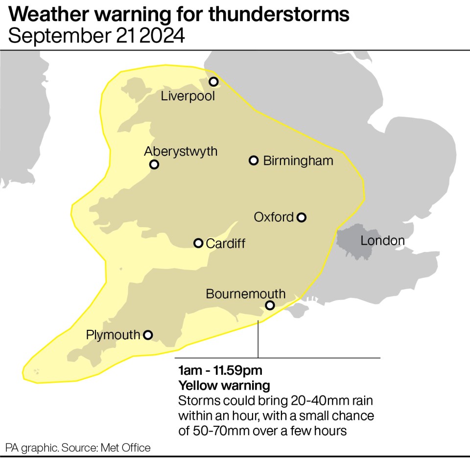 Friday's alert for thunderstorms covers most of south-west England and Wales