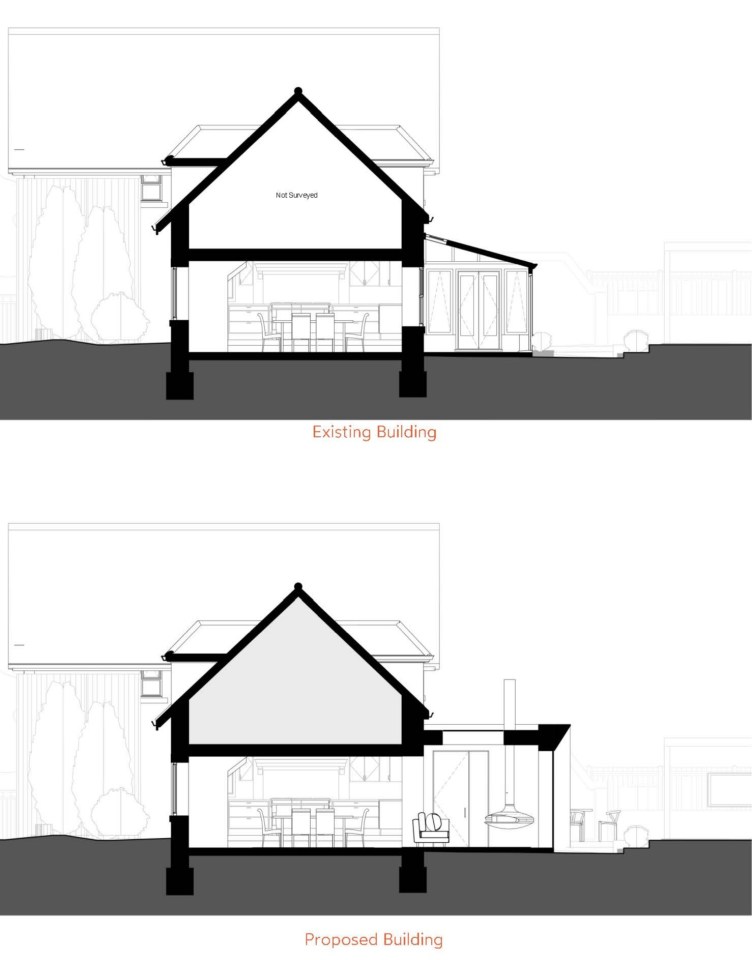 Sketches show the current building and the extension Richards wants