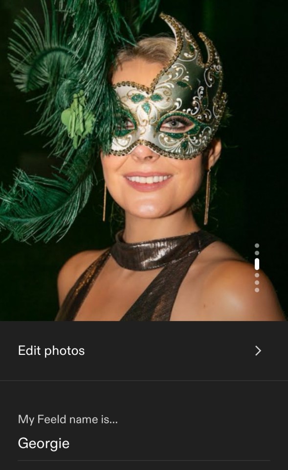 A masked Georgie sets up her profile on the dating app