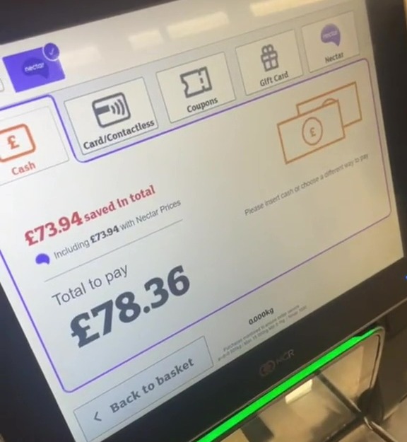 a sainsbury 's machine displays a total to pay of 781.36