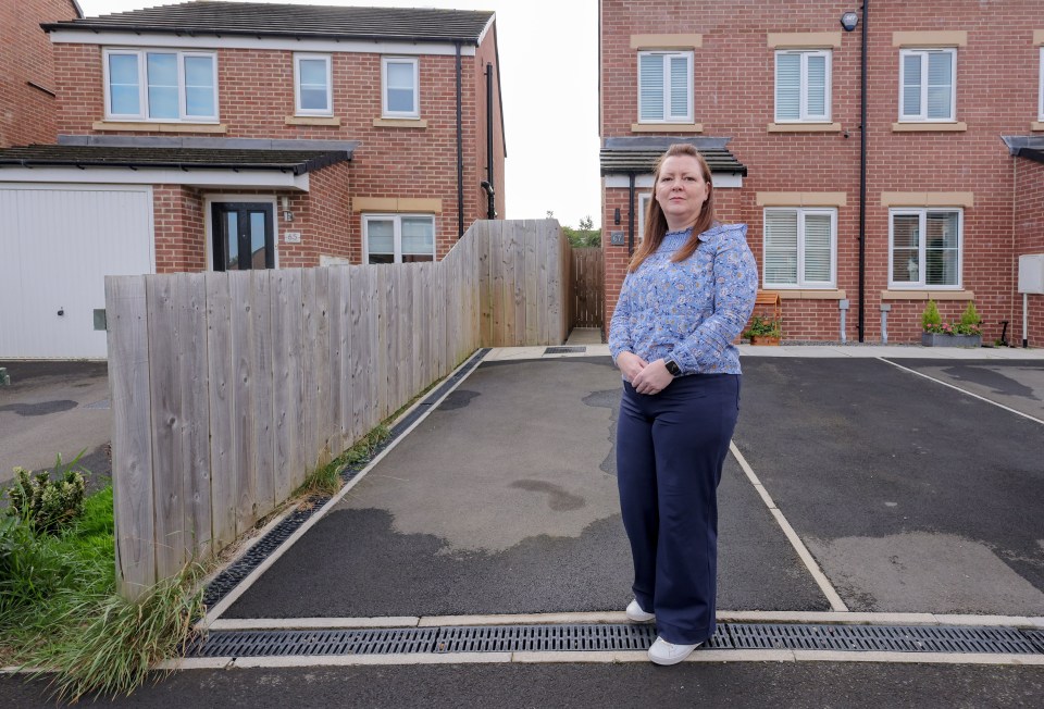 a woman stands in front of a house with the word north on the bottom