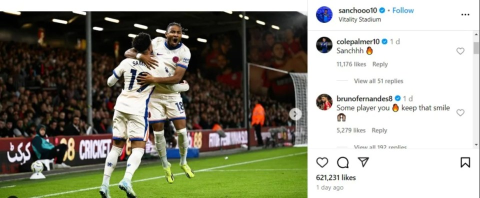 Fans have urged Bruno Fernandes to delete an Instagram comment replying to Jadon Sancho