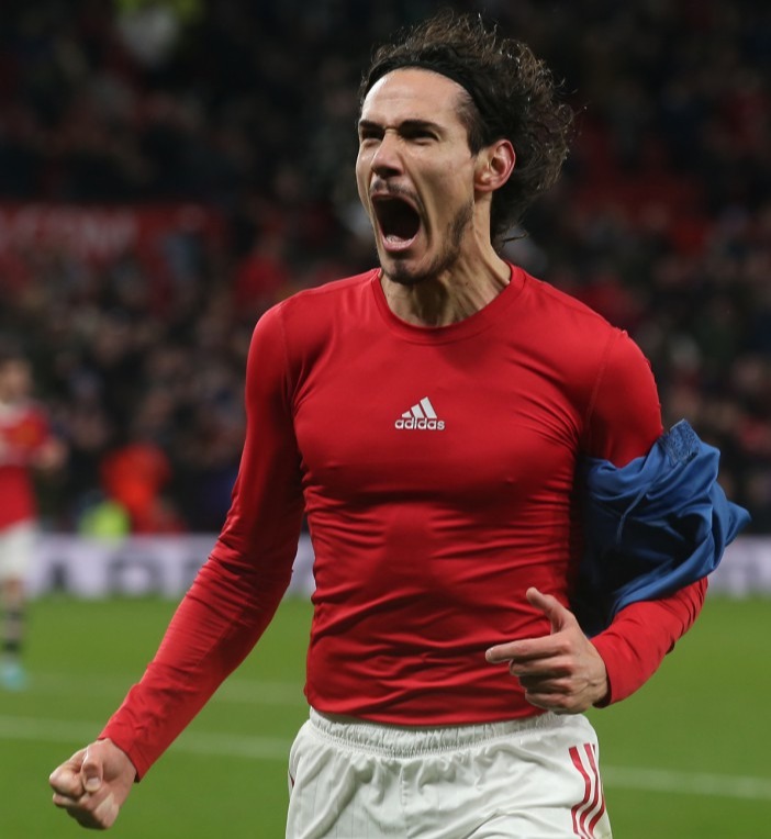 MANCHESTER, ENGLAND - JANUARY 22: Edinson Cavani of Manchester United celebrates after the Premier League match between Manchester United and West Ham United at Old Trafford on January 22, 2022 in Manchester, England. (Photo by Matthew Peters/Manchester United via Getty Images)