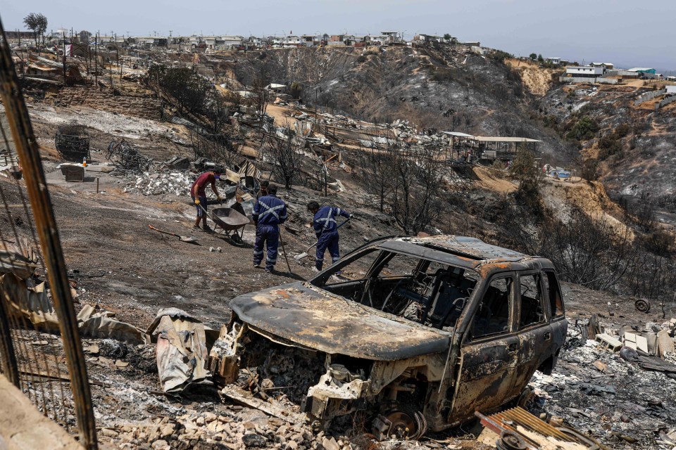 QUILPUE, CHILE - FEBRUARY 4: A view of destroyed vehicle in Quilpue, Chile, on February 4, 2024. Thousands of homes damaged after a forest fire affected the Quilpue hills in Chile. According to authorities, the fire has destroyed more than 6,000 homes and left 99 dead. (Photo by Lucas Aguayo Araos/Anadolu via Getty Images)