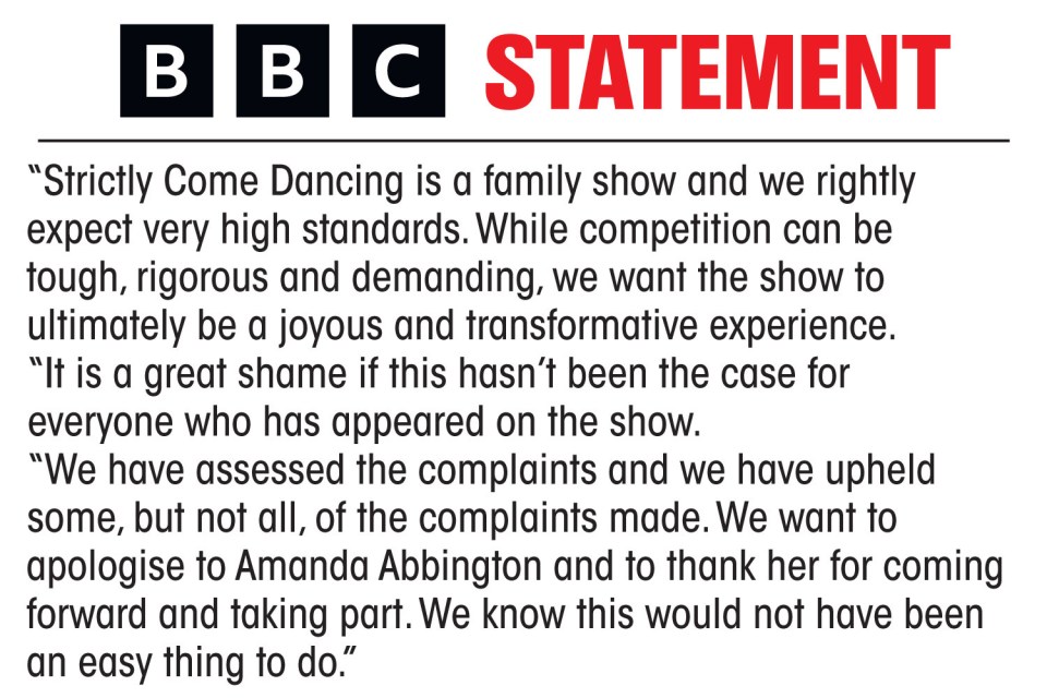 a bbc statement that says " strictly come dancing is a family show and we rightly expect very high standards "