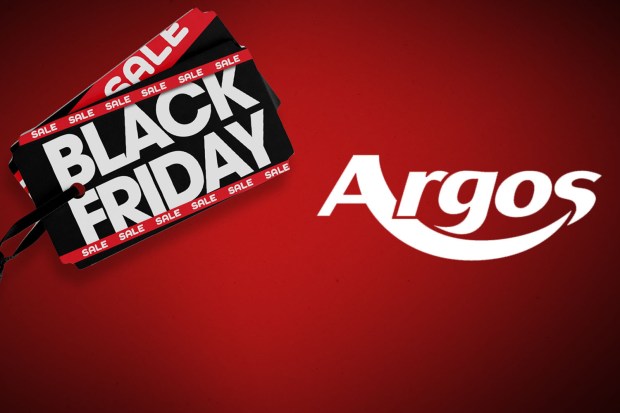 a black friday sign next to a logo for argos