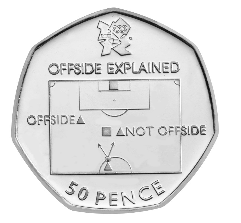 Undated handout photo issued by the Royal Mint of the 2011 Olympic Football 'offside rule explained' 50p coin, which has been revealed as one of the rarest 50p coins in circulation ahead of the 50th anniversary of decimalisation. PA Photo. Issue date: Tuesday February 2, 2021. The famous Kew Gardens 50p remains the most coveted coin in circulation, with a mintage of just 210,000, the Mint said. See PA story MONEY Coins. Photo credit should read: Royal Mint/PA Wire NOTE TO EDITORS: This handout photo may only be used in for editorial reporting purposes for the contemporaneous illustration of events, things or the people in the image or facts mentioned in the caption. Reuse of the picture may require further permission from the copyright holder.