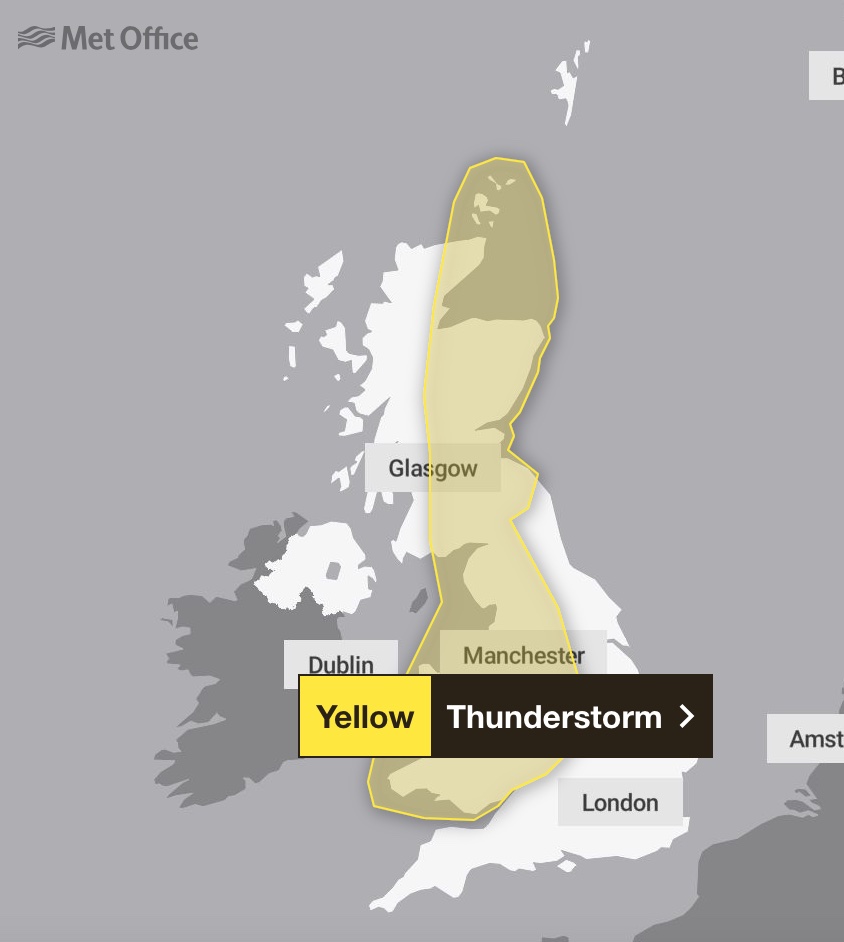 The Met Office has issued a warning for thunderstorms which covers the entire day