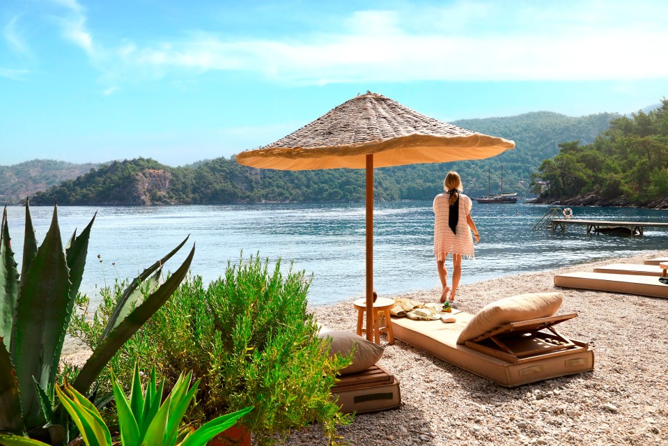 a woman stands under an umbrella on a beach