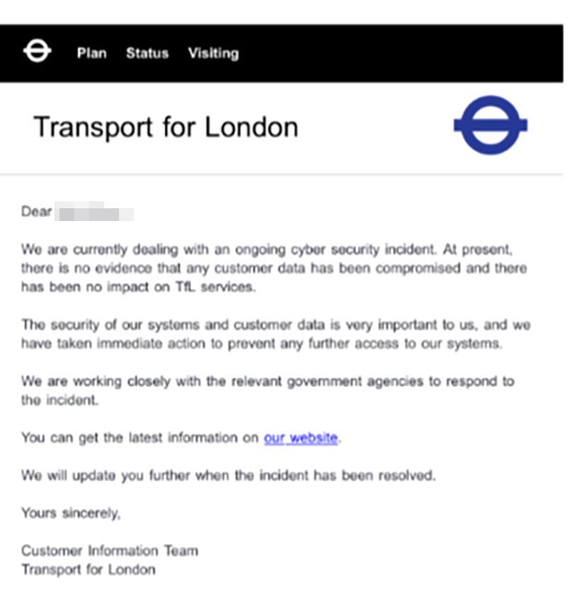 A warning message sent by Transport for London amid the cyber attack