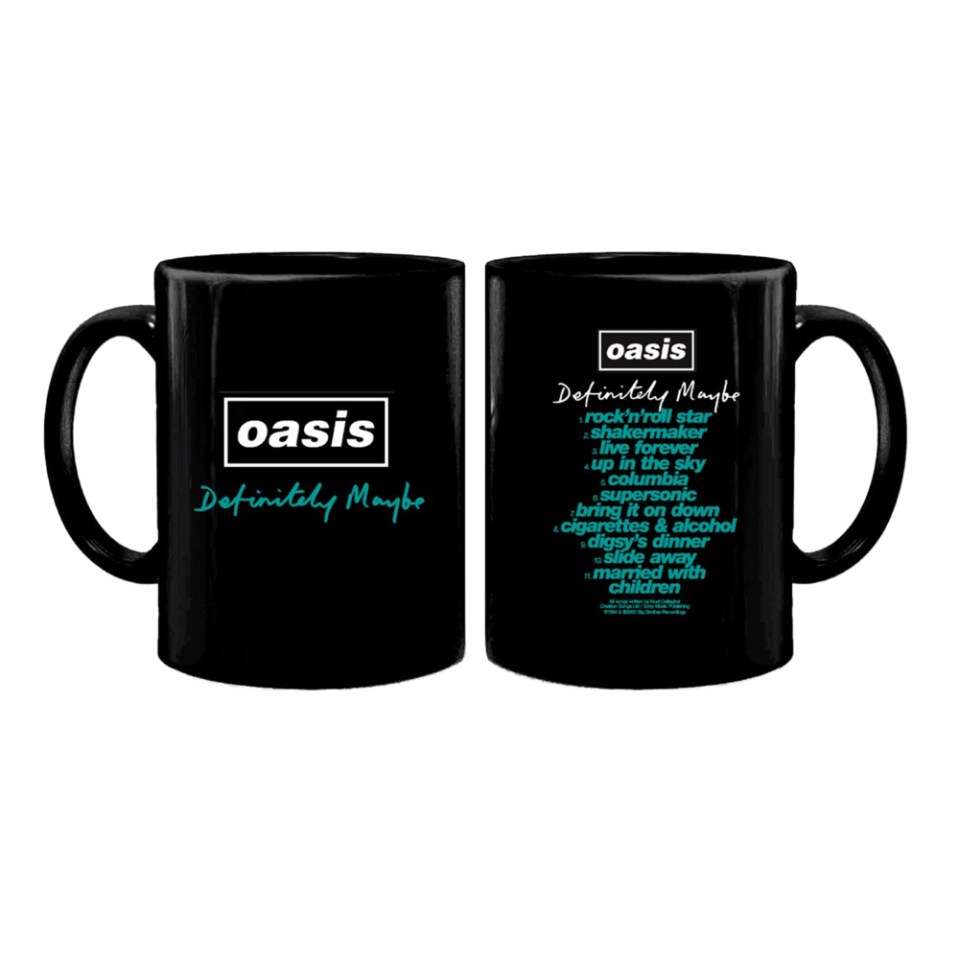 a black coffee mug that says oasis definitely maybe