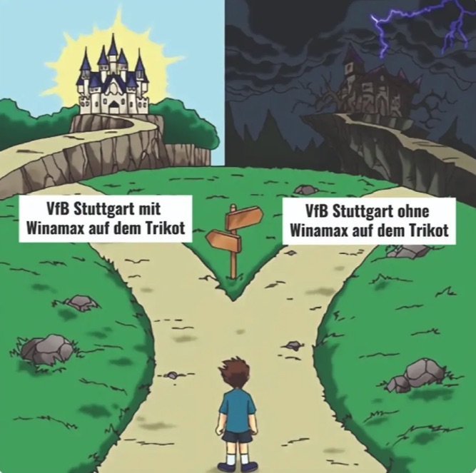 a cartoon of a boy standing at a crossroad with a castle in the background