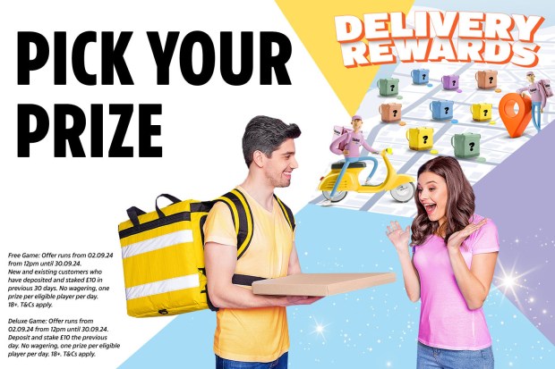 an advertisement for delivery rewards with a man carrying a pizza