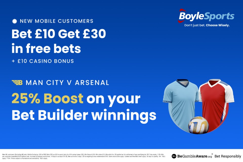 Man City vs Arsenal: Get £30 in free bets & £10 casino bonus, plus 25% win boost