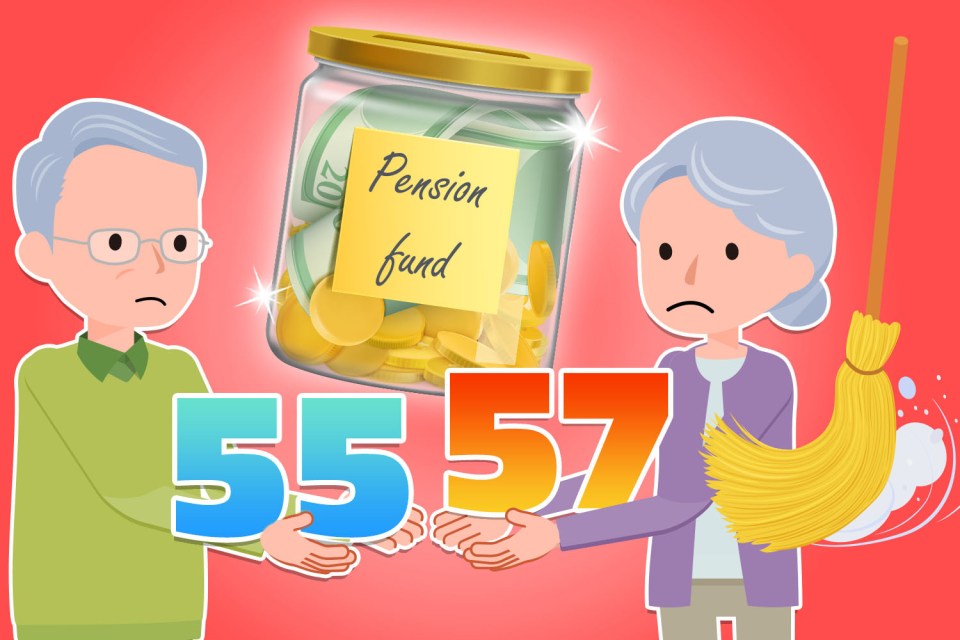 a cartoon illustration of two elderly people holding a number 5557