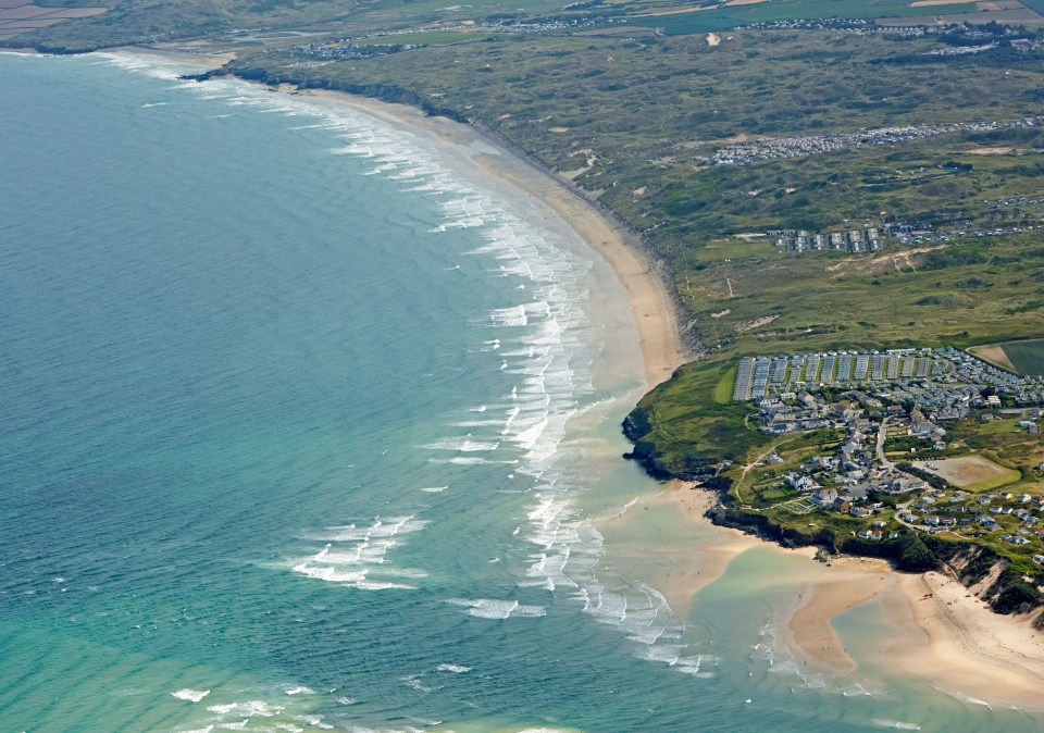 Aerial view of the Hayle estuary and surf on the beaches of St Ives