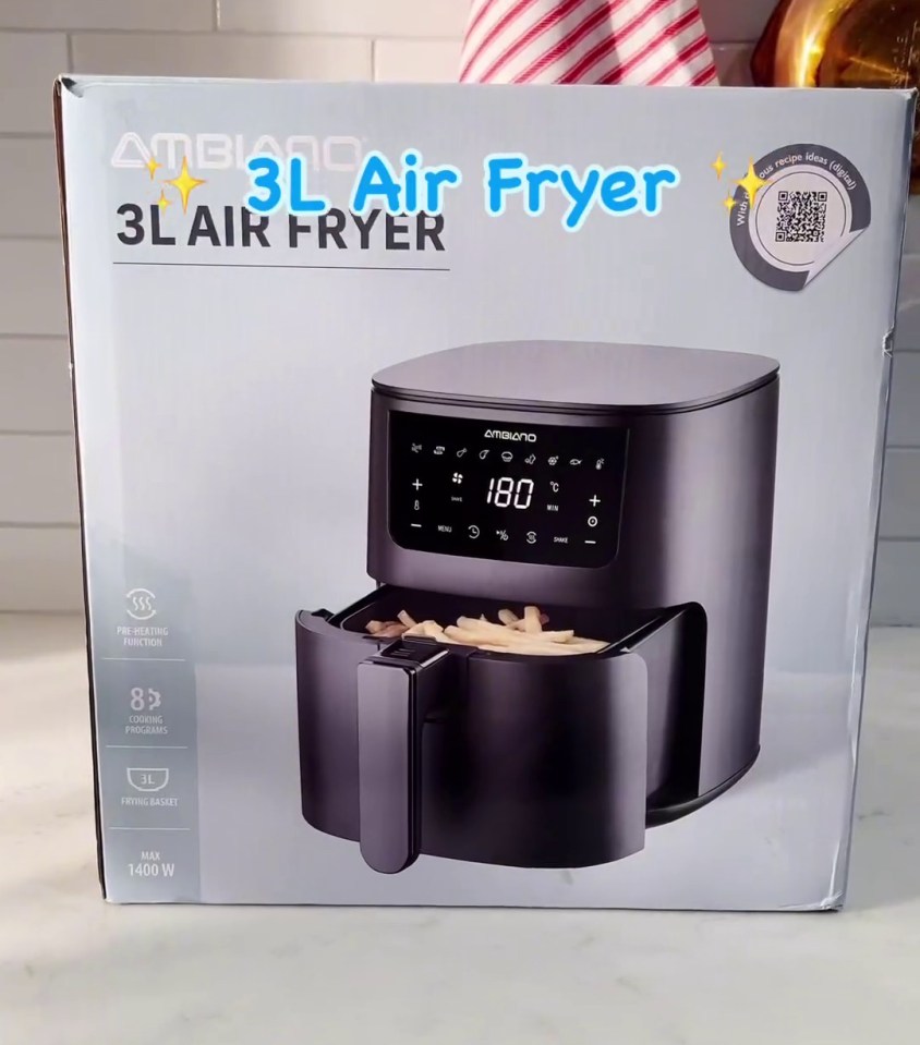 a box for a 3l air fryer sits on a counter