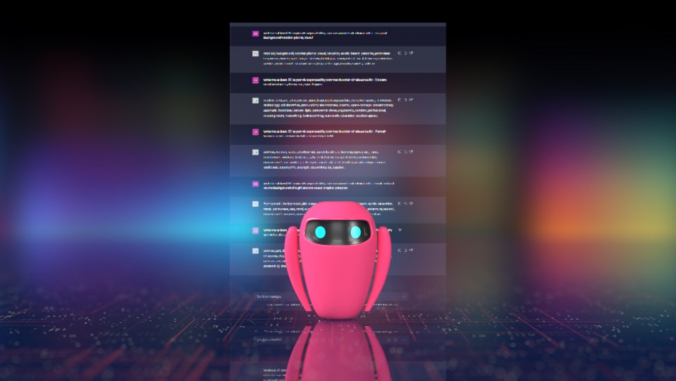 a pink robot is standing in front of a computer screen