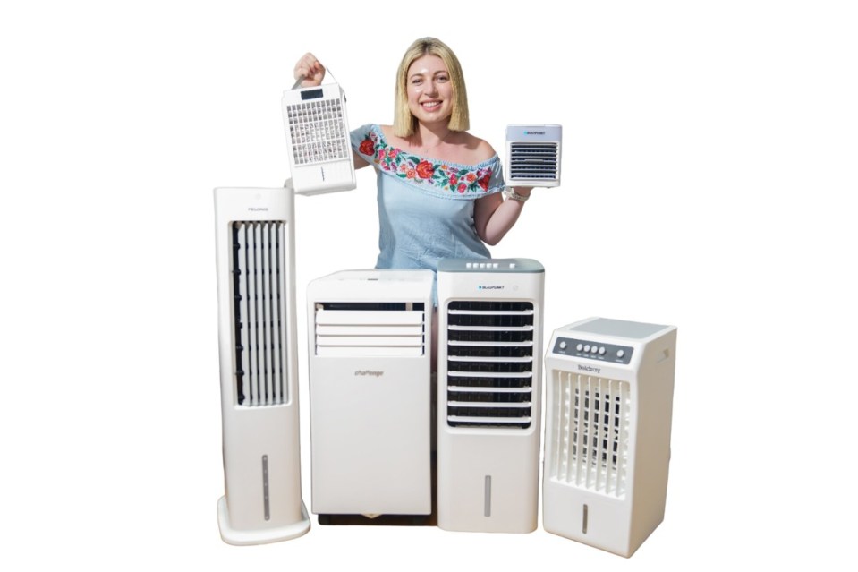 a woman holding up a fan that says ' evaporator ' on it