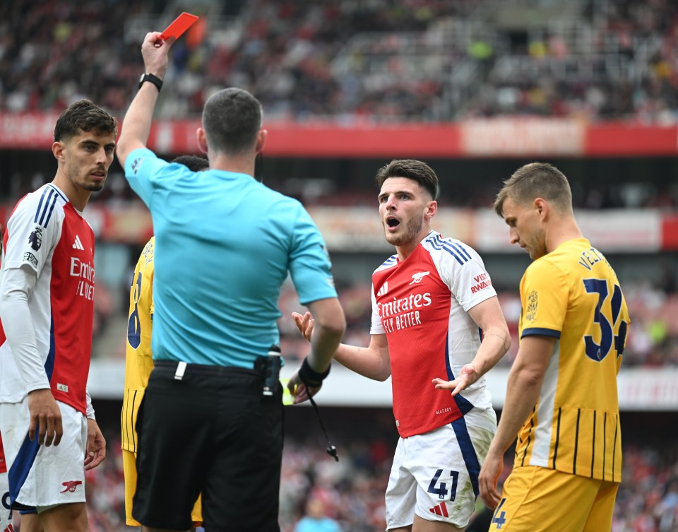 Declan Rice was sent off for Arsenal against Brighton