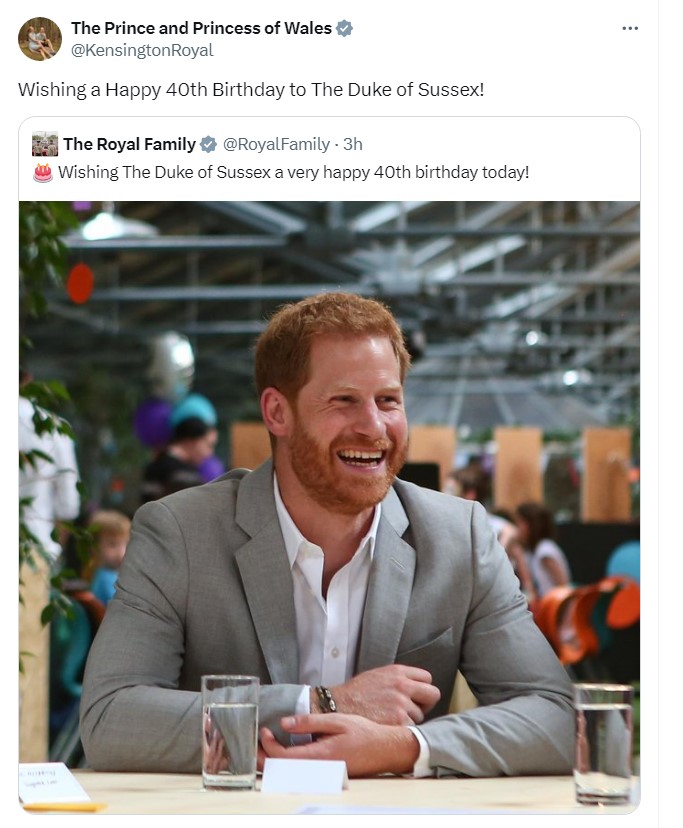 William and Kate's account shared this post celebrating Harry's birthday