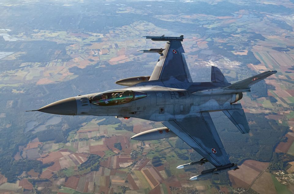 An F-16 fighter jet takes part in the NATO Air Shielding exercise near the air base in Lask, central Poland