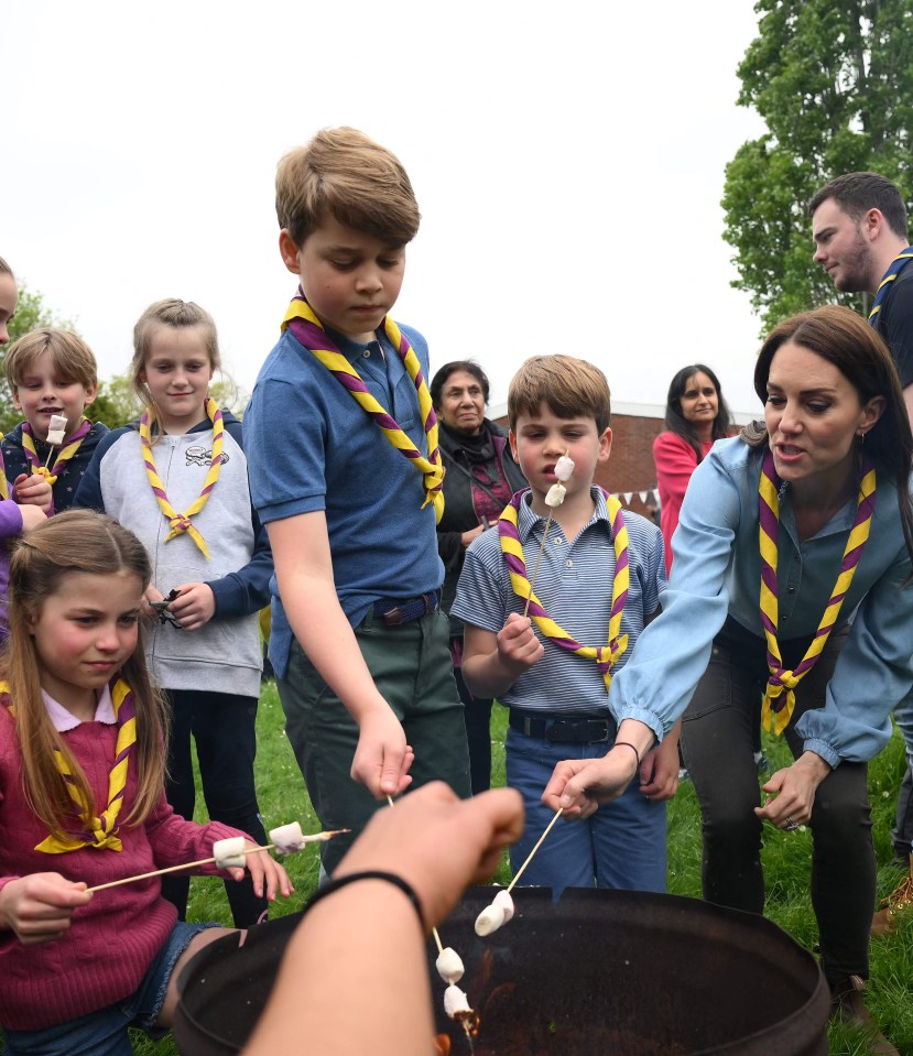 boy scouts are roasting marshmallows over a fire pit