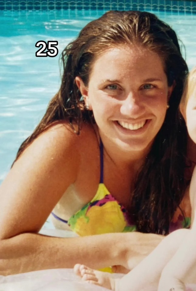 a woman is holding a baby in a pool and the number 25 is above her