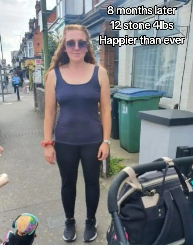 a woman is standing on a sidewalk with a stroller and the caption 8 months later 12 stone 4lbs happier than ever