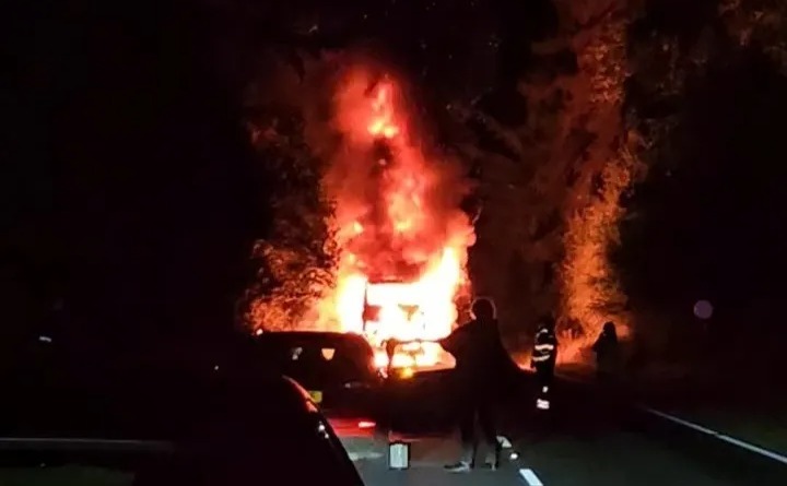 The bus was destroyed by the flames