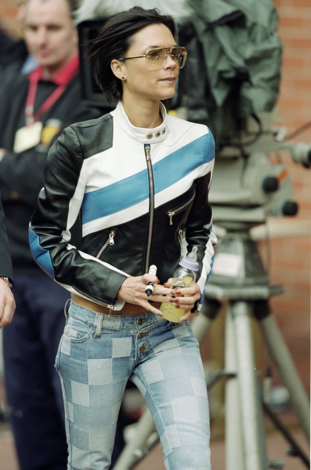 VB in 2001 in a leather biker jacket while cheering on hubby David as he played for Manchester United