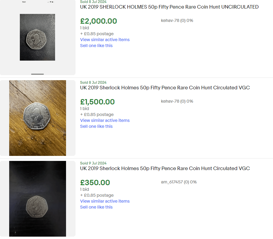 a screenshot of an ebay listing for uk 2019 sherlock holmes 50p fifty pence rare coin hunt circulated vgc