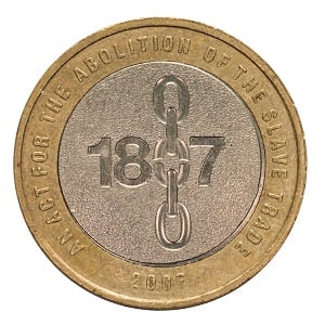 The coins feature the date 1807, as a celebration of the Abolition of Slavery Act