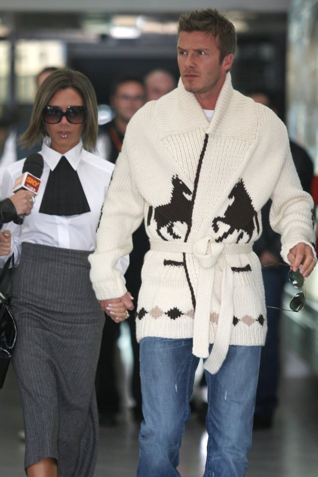 Becks wore this chunky white cardi look sported by Paul Michael Glaser