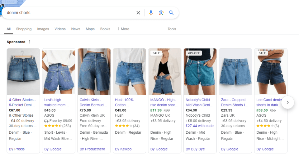 a google search results page for denim shorts