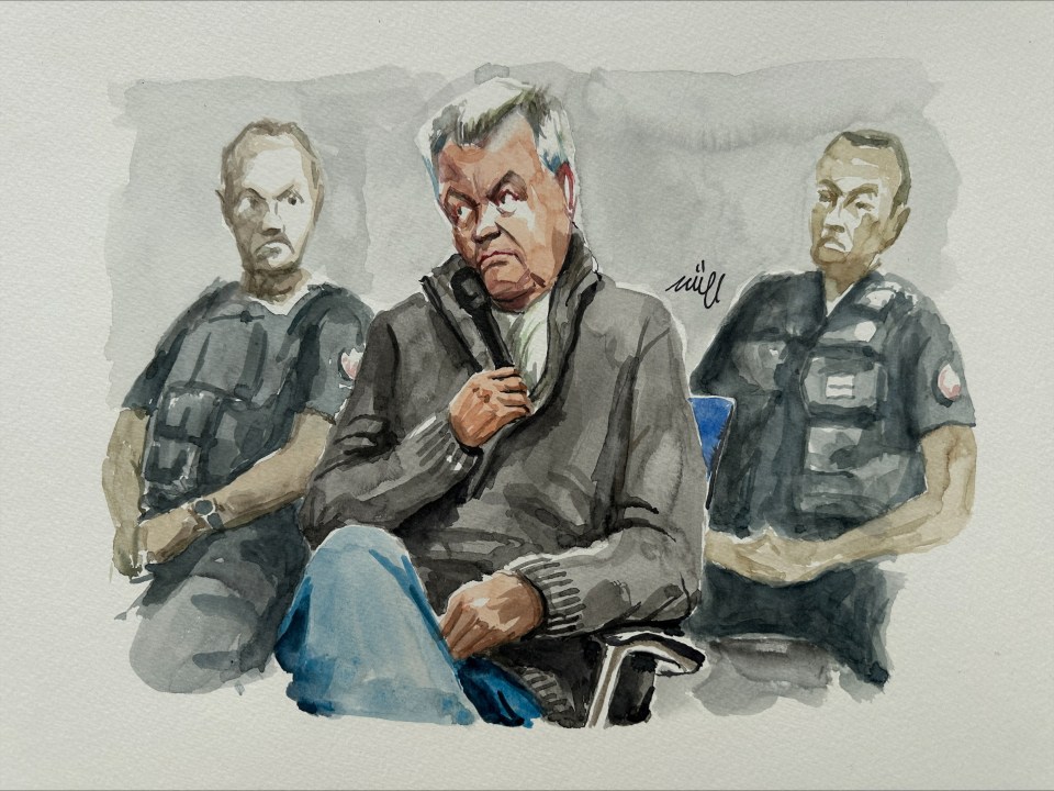 a drawing of a man sitting in a chair with two police officers behind him