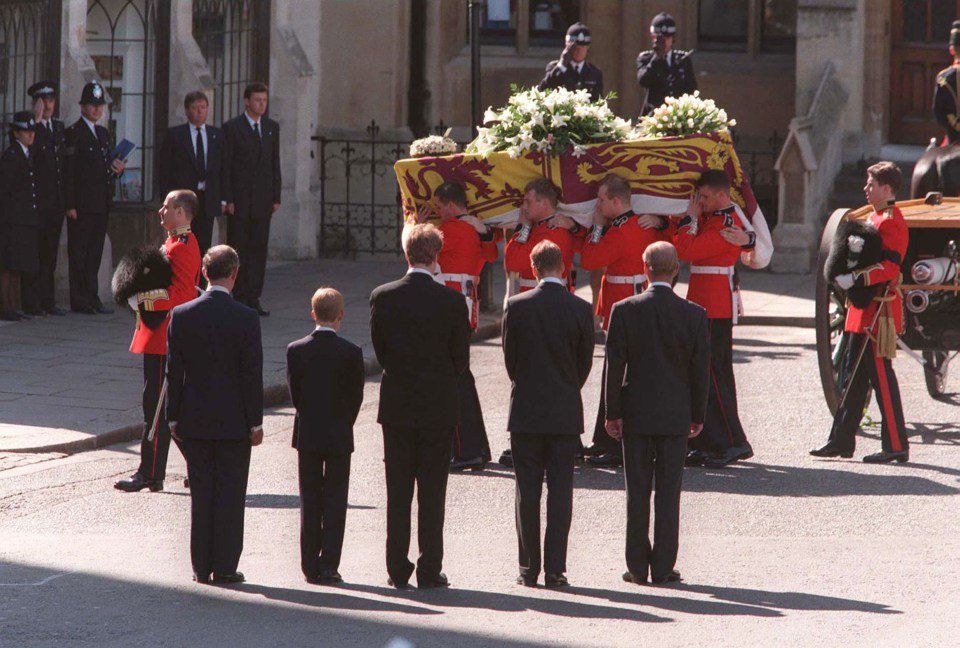 The Duke of Edinburgh, Prince William, Earl Spencer, Prince Harry and the Prince of Wales following the coffin of Diana, Princess of Wales at her funeral