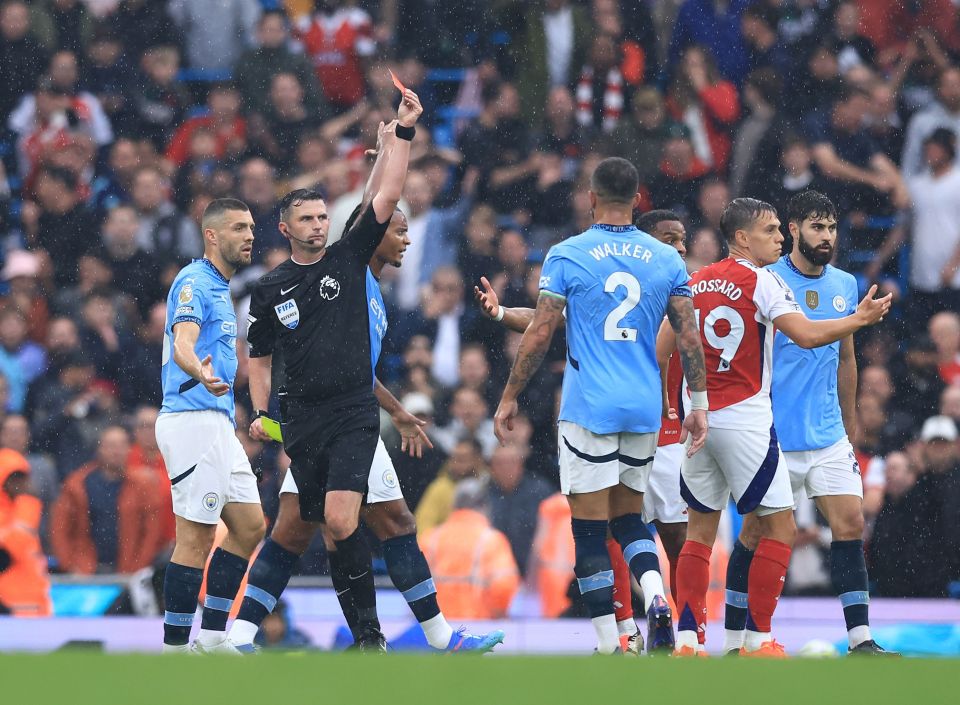 Arsenal then had Leandro Trossard sent off for kicking the ball away