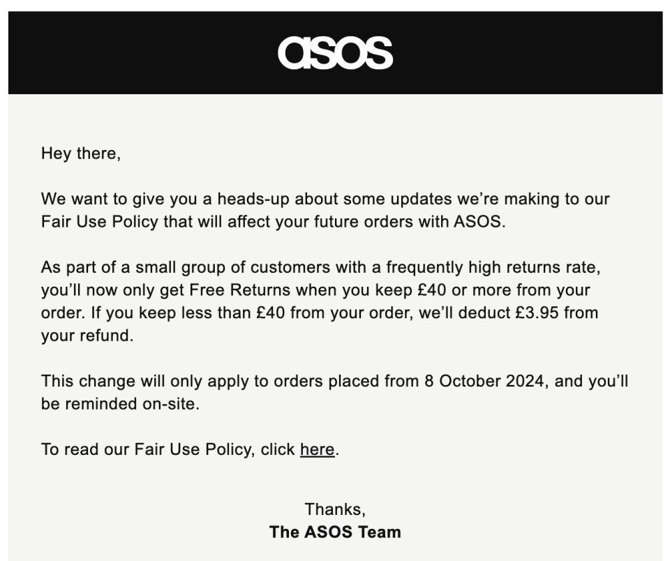 An email was sent to an Asos customer informing them of the change