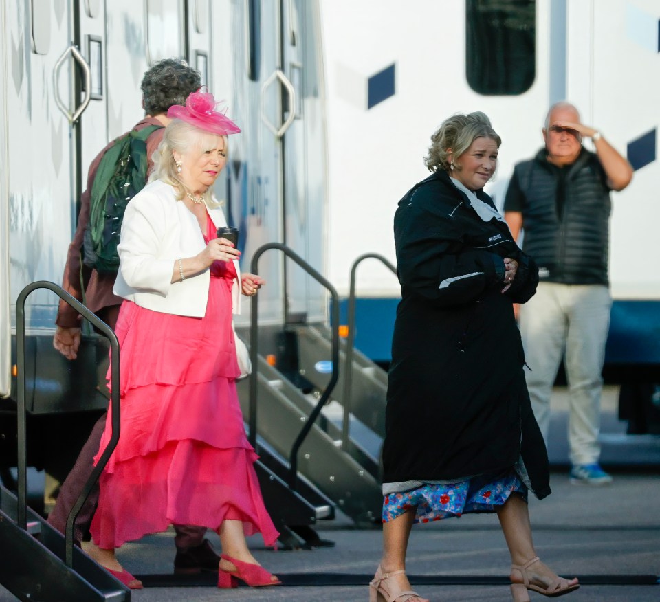 a woman in a pink dress is walking down stairs